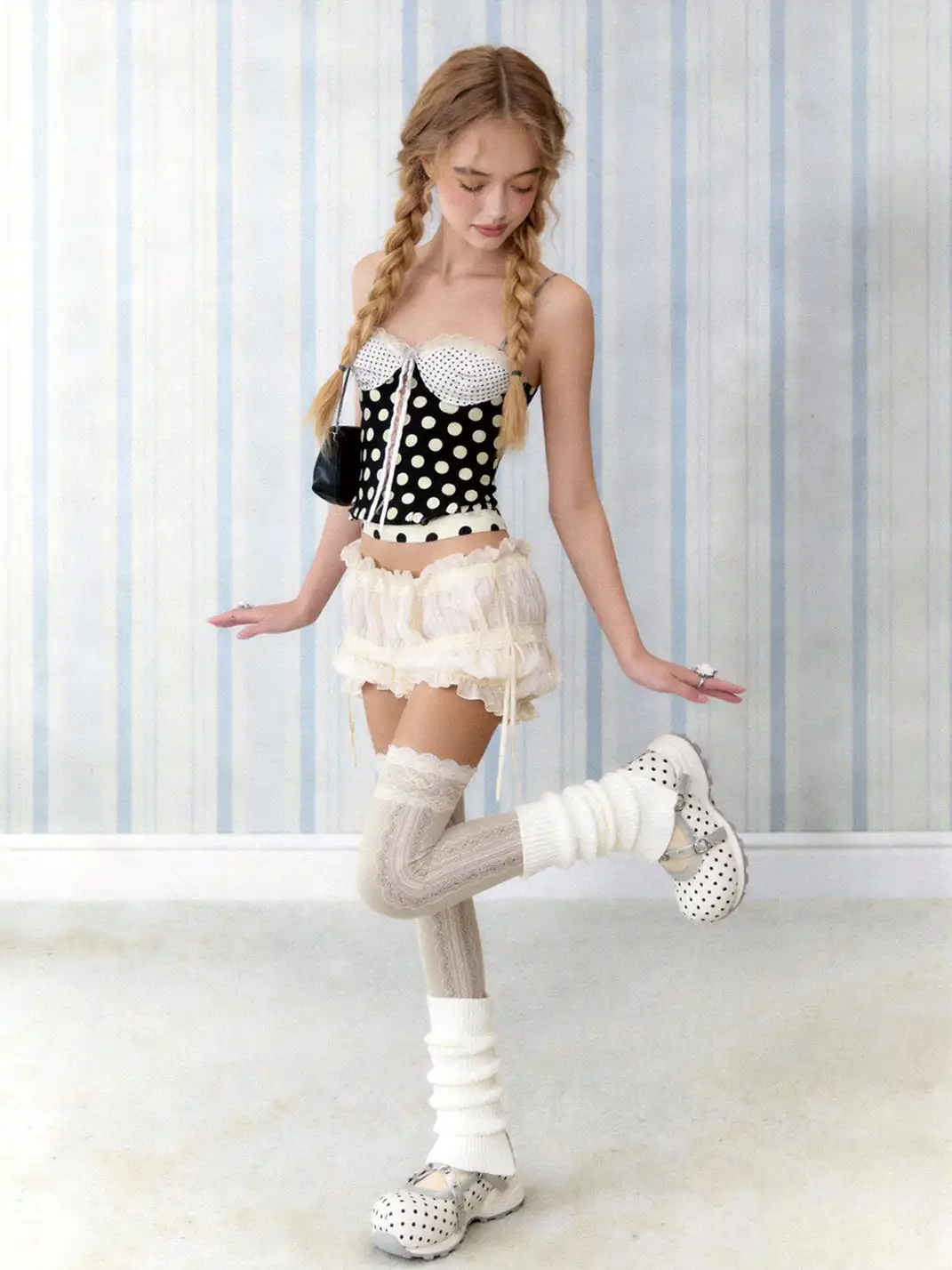 SMILEY | Polka Dot Double Strap Platform Mary Jane Sneakers-White