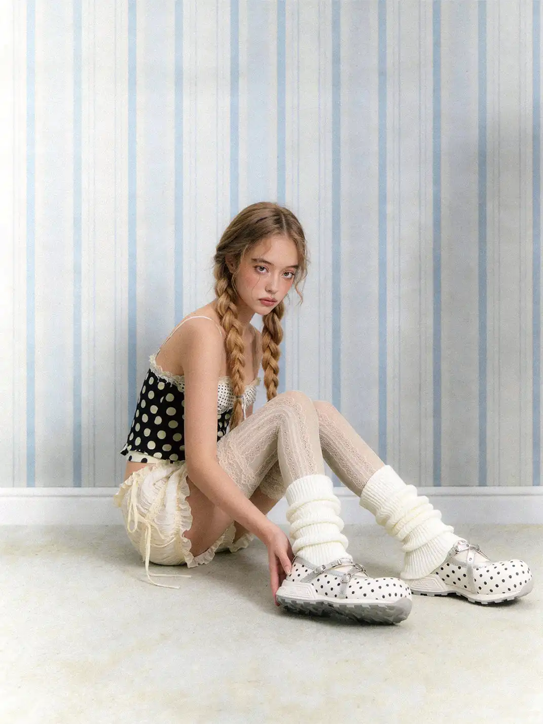 SMILEY | Polka Dot Double Strap Platform Mary Jane Sneakers-White