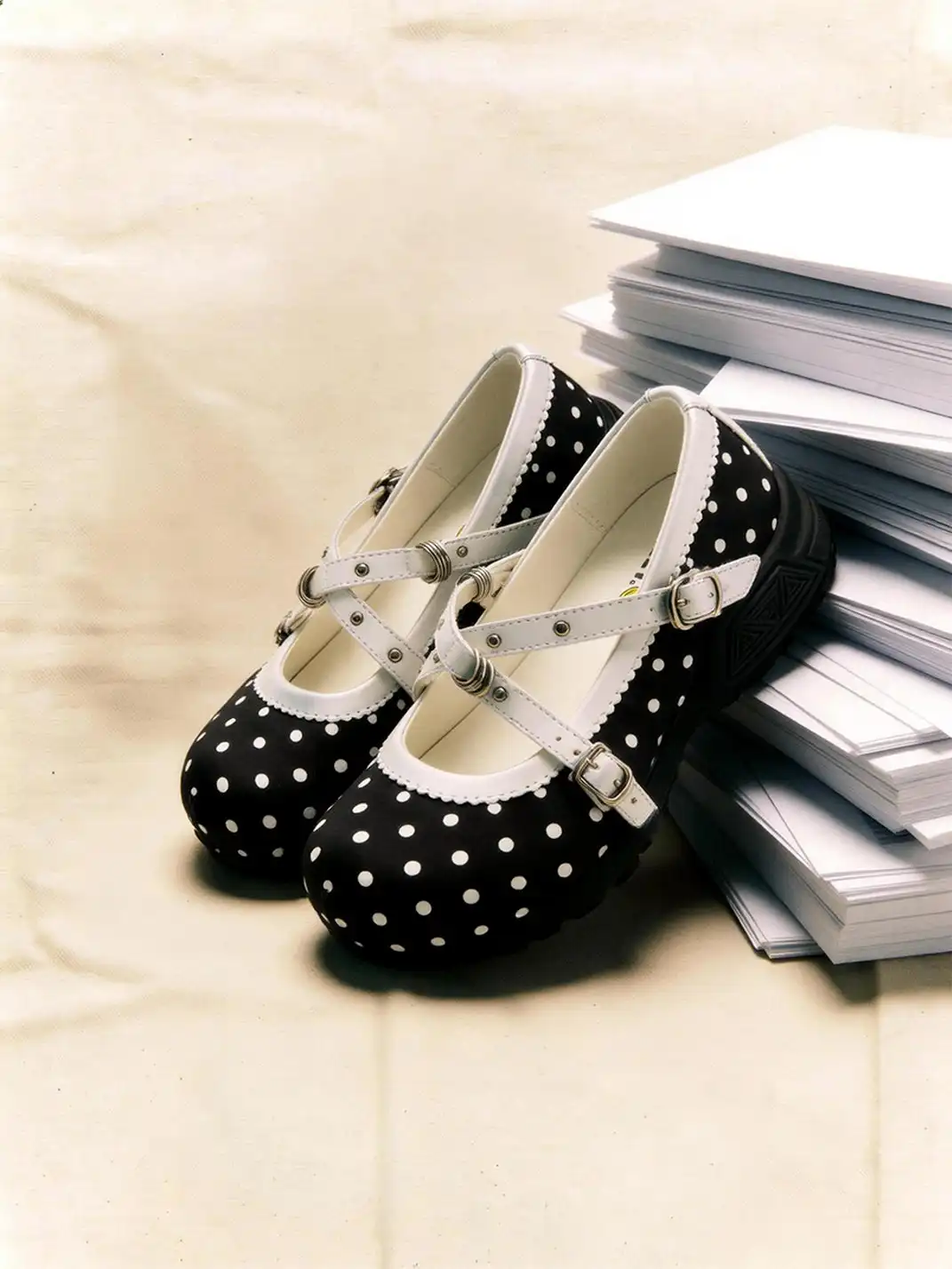 SMILEY | Polka Dot Double Strap Platform Mary Jane Sneakers-Black