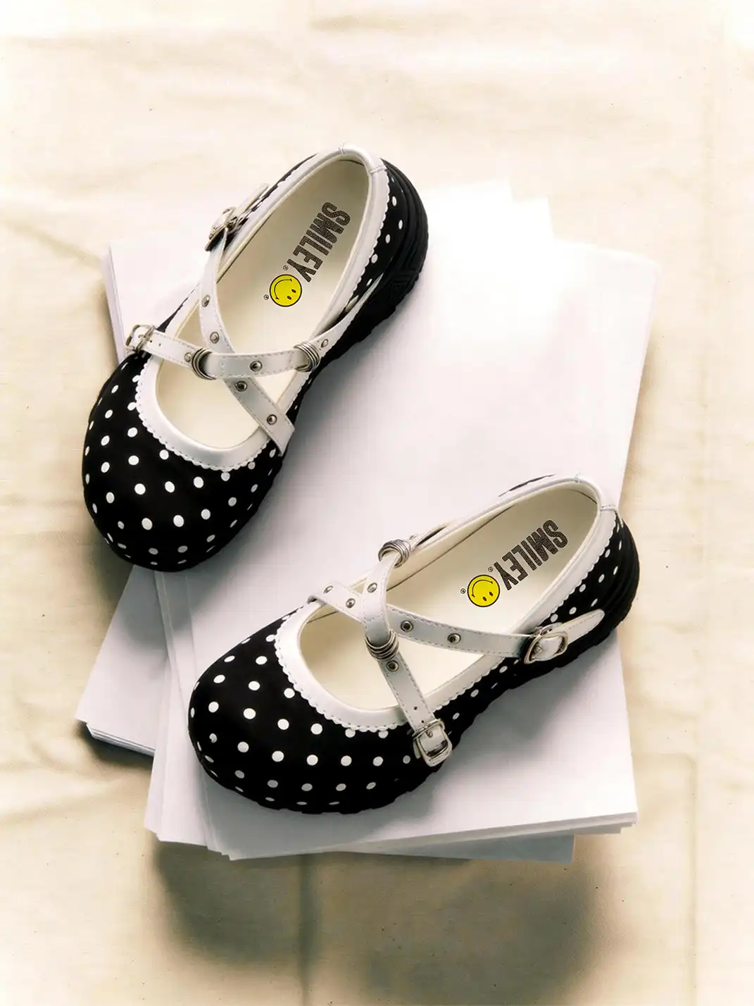 SMILEY | Polka Dot Double Strap Platform Mary Jane Sneakers-Black