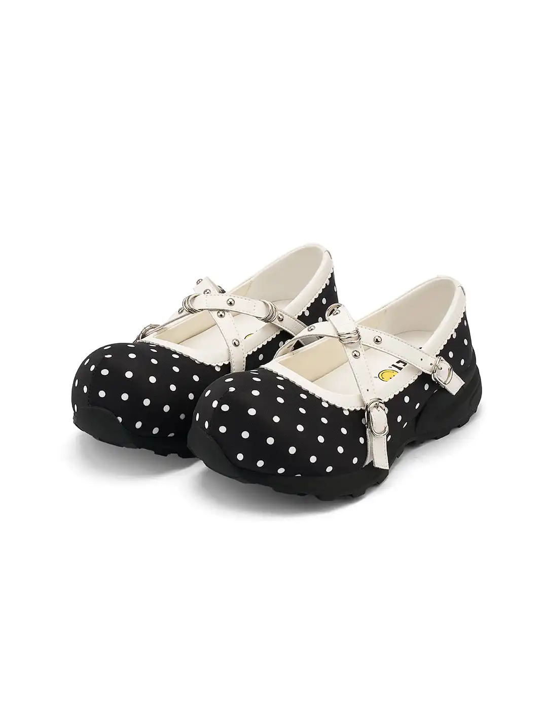 SMILEY | Polka Dot Double Strap Platform Mary Jane Sneakers-Black