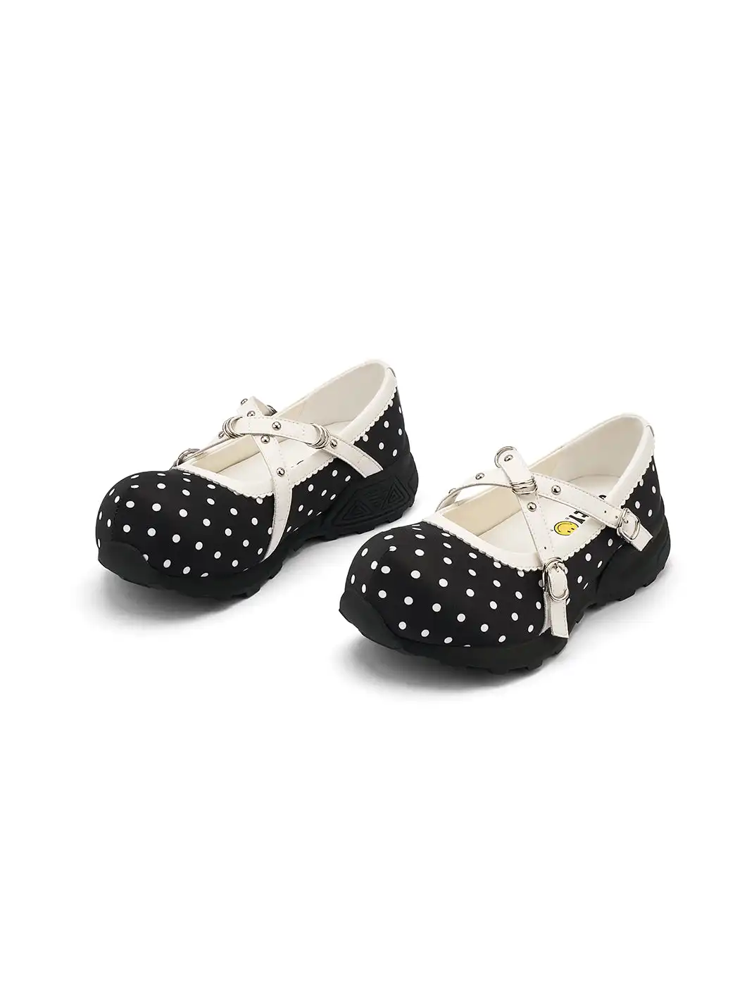 SMILEY | Polka Dot Double Strap Platform Mary Jane Sneakers-Black