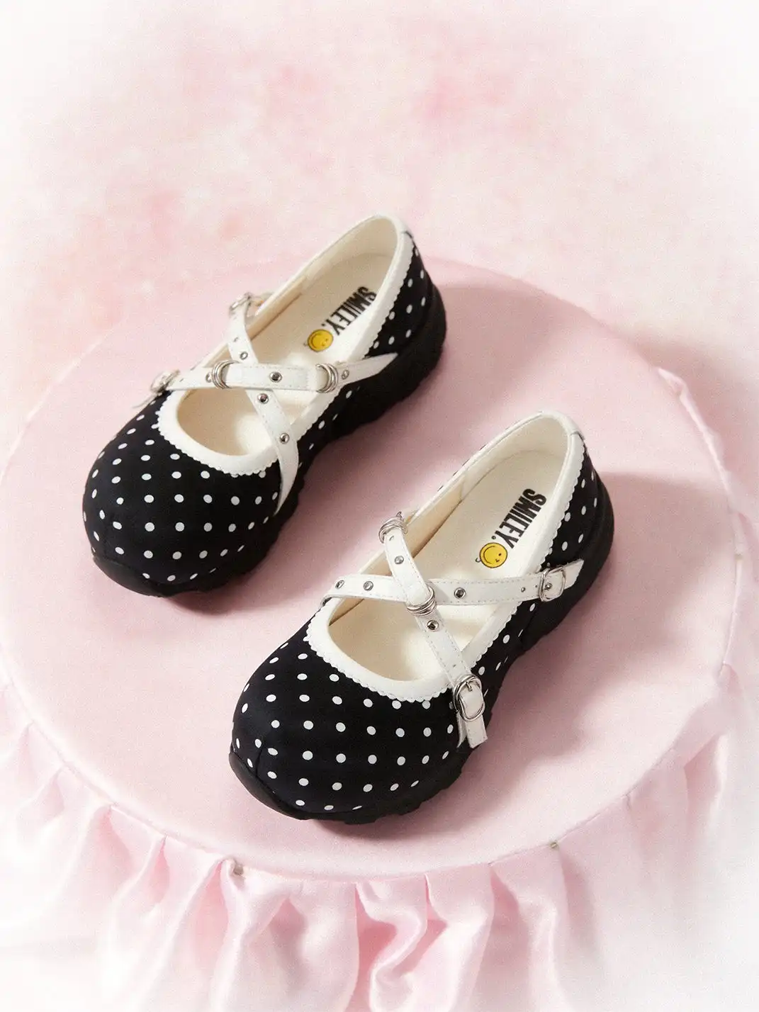 SMILEY | Polka Dot Double Strap Platform Mary Jane Sneakers-Black