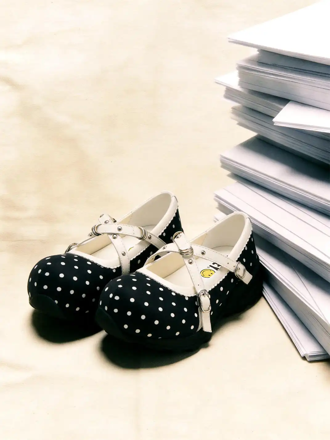 SMILEY | Polka Dot Double Strap Platform Mary Jane Sneakers-Black