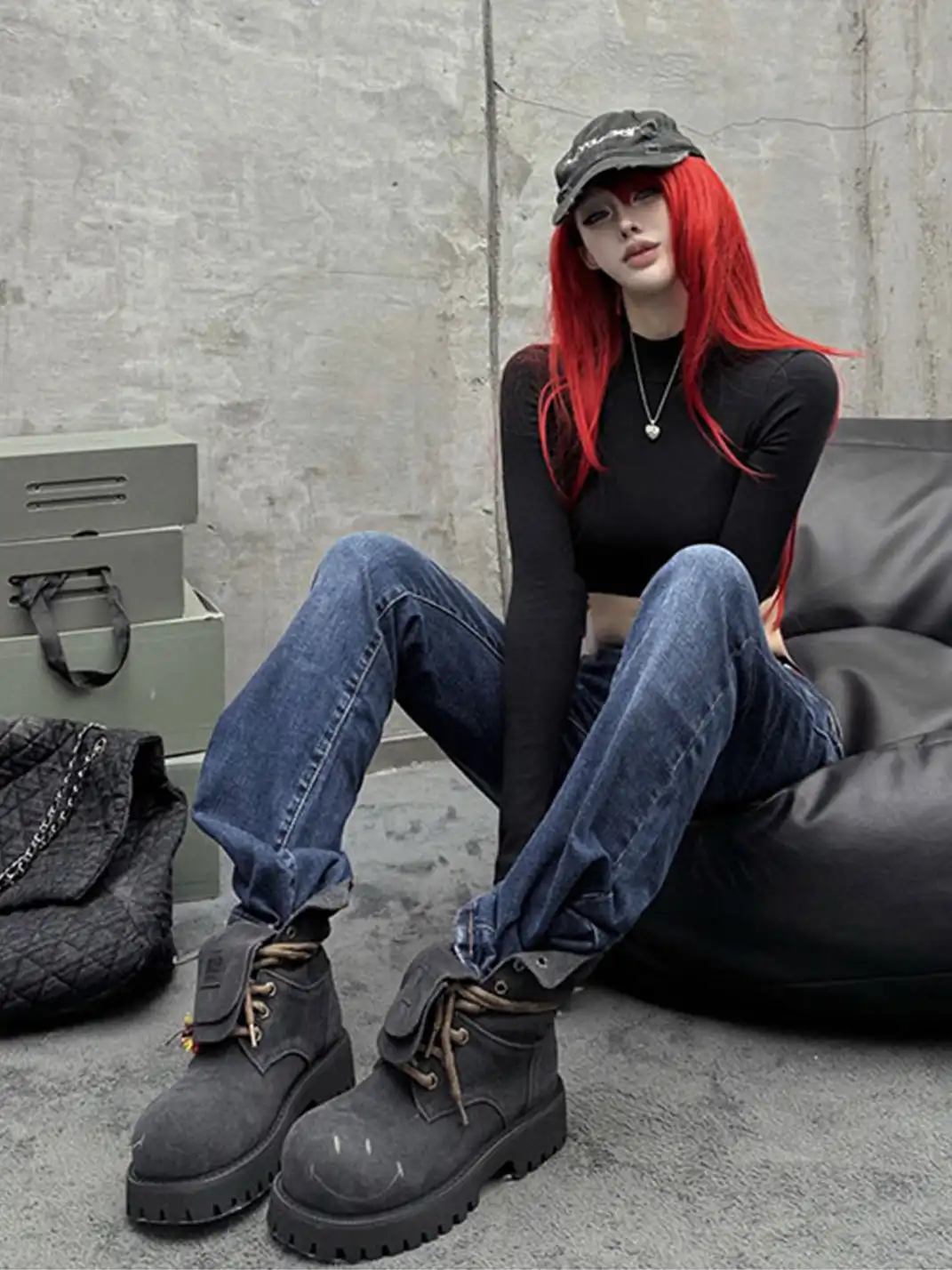 SMILEY | Suede Platform Work Boots-Black