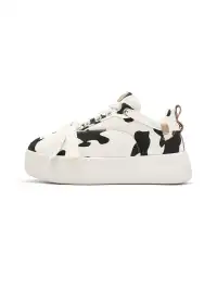 SMILEY | Cow Print White Platform Sneakers