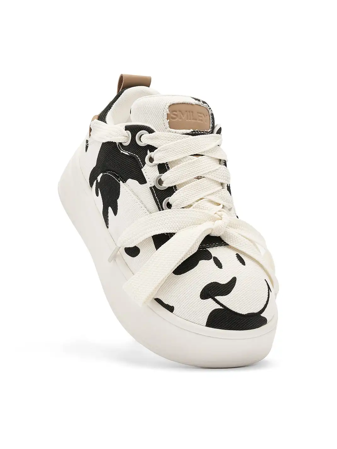 SMILEY | Cow Print White Platform Sneakers
