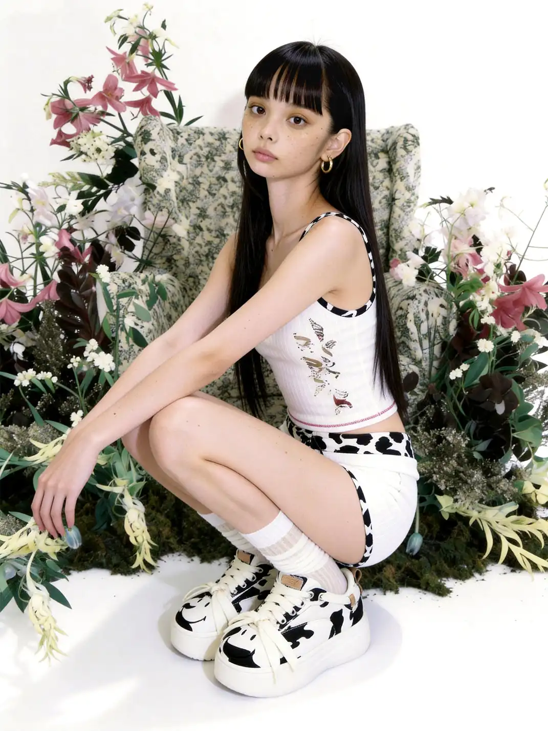 SMILEY | Cow Print White Platform Sneakers
