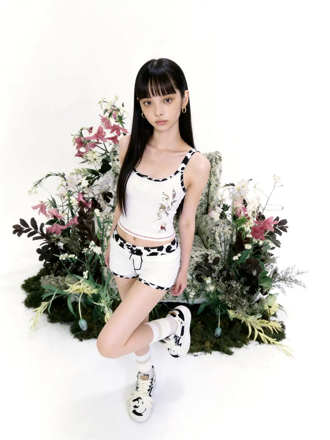 SMILEY | Cow Print White Platform Sneakers