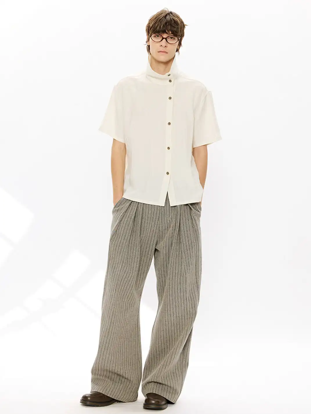 KREATE | Asymmetrical Placket Stand Collar Convertible Short Sleeve Shirt