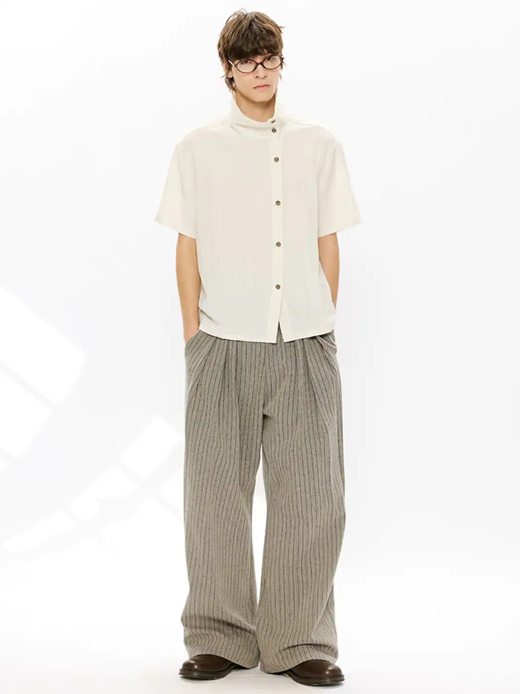KREATE | Asymmetrical Placket Stand Collar Convertible Short Sleeve Shirt