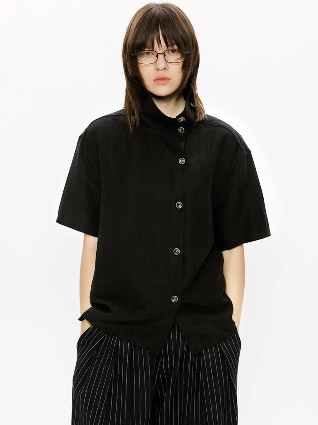 KREATE | Asymmetrical Placket Stand Collar Convertible Short Sleeve Shirt