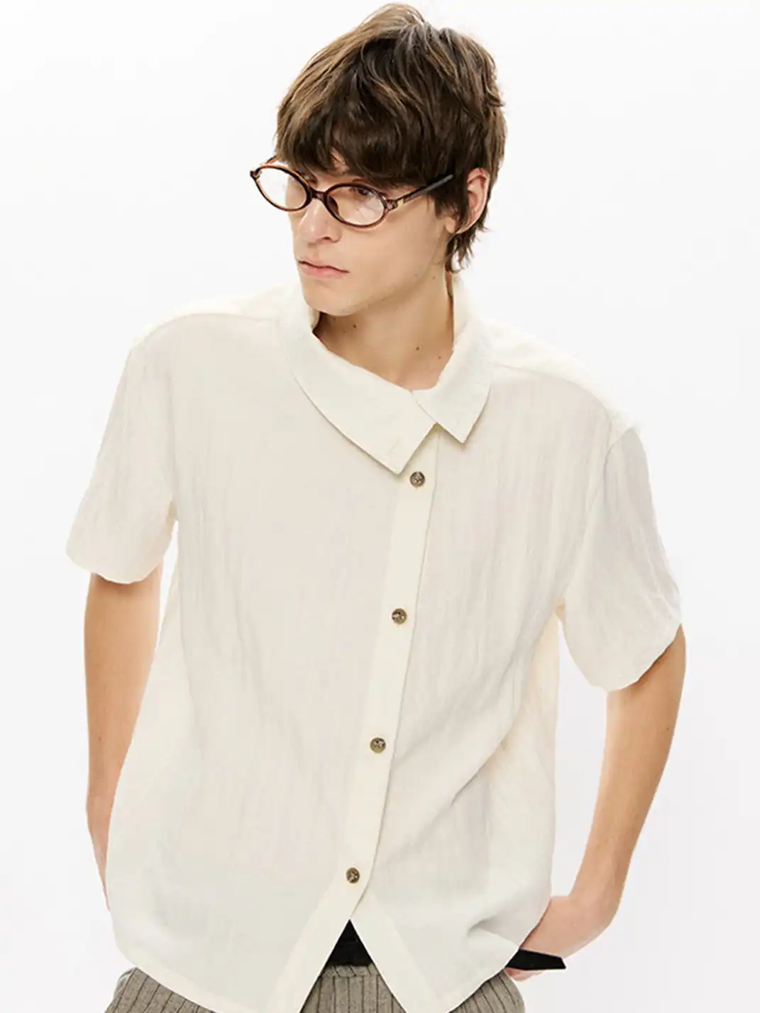 KREATE | Asymmetrical Placket Stand Collar Convertible Short Sleeve Shirt