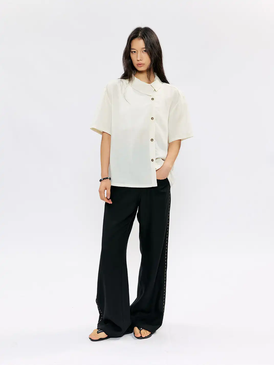 KREATE | Asymmetrical Placket Stand Collar Convertible Short Sleeve Shirt