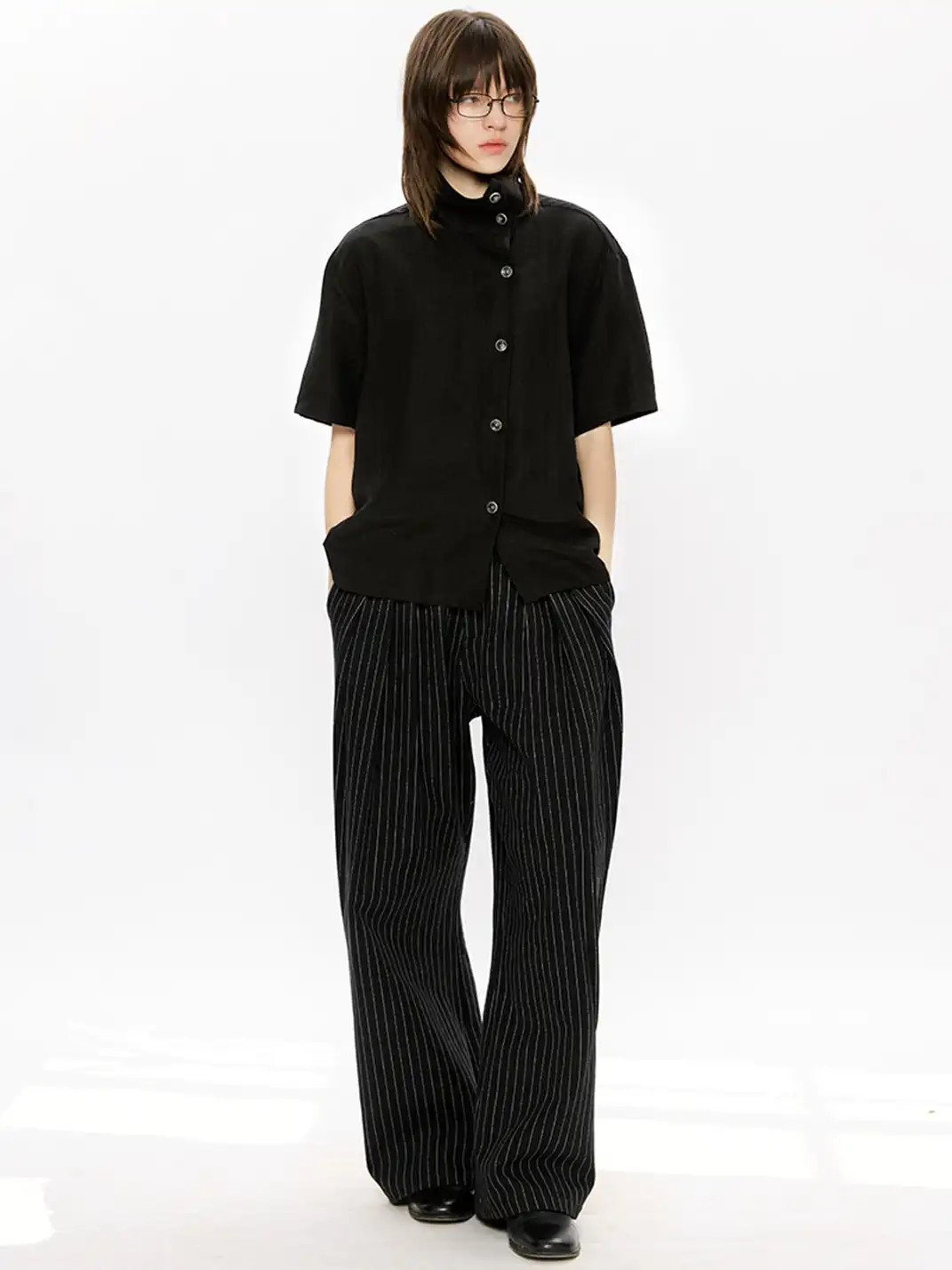 KREATE | Asymmetrical Placket Stand Collar Convertible Short Sleeve Shirt