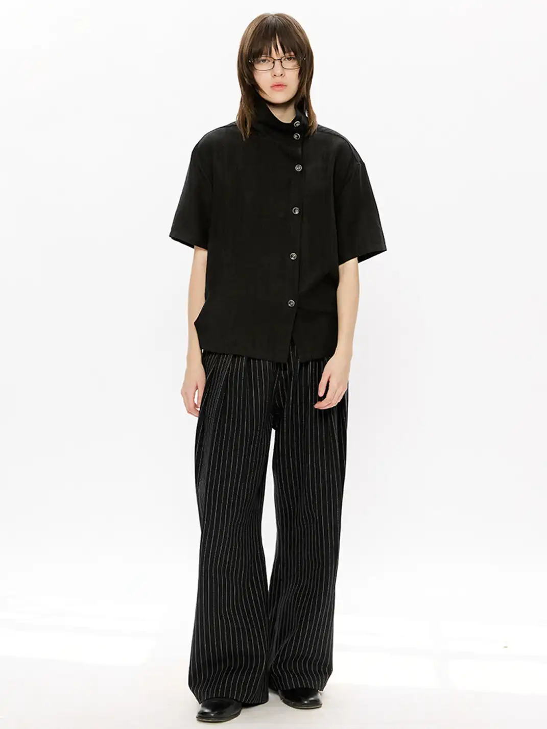 KREATE | Asymmetrical Placket Stand Collar Convertible Short Sleeve Shirt