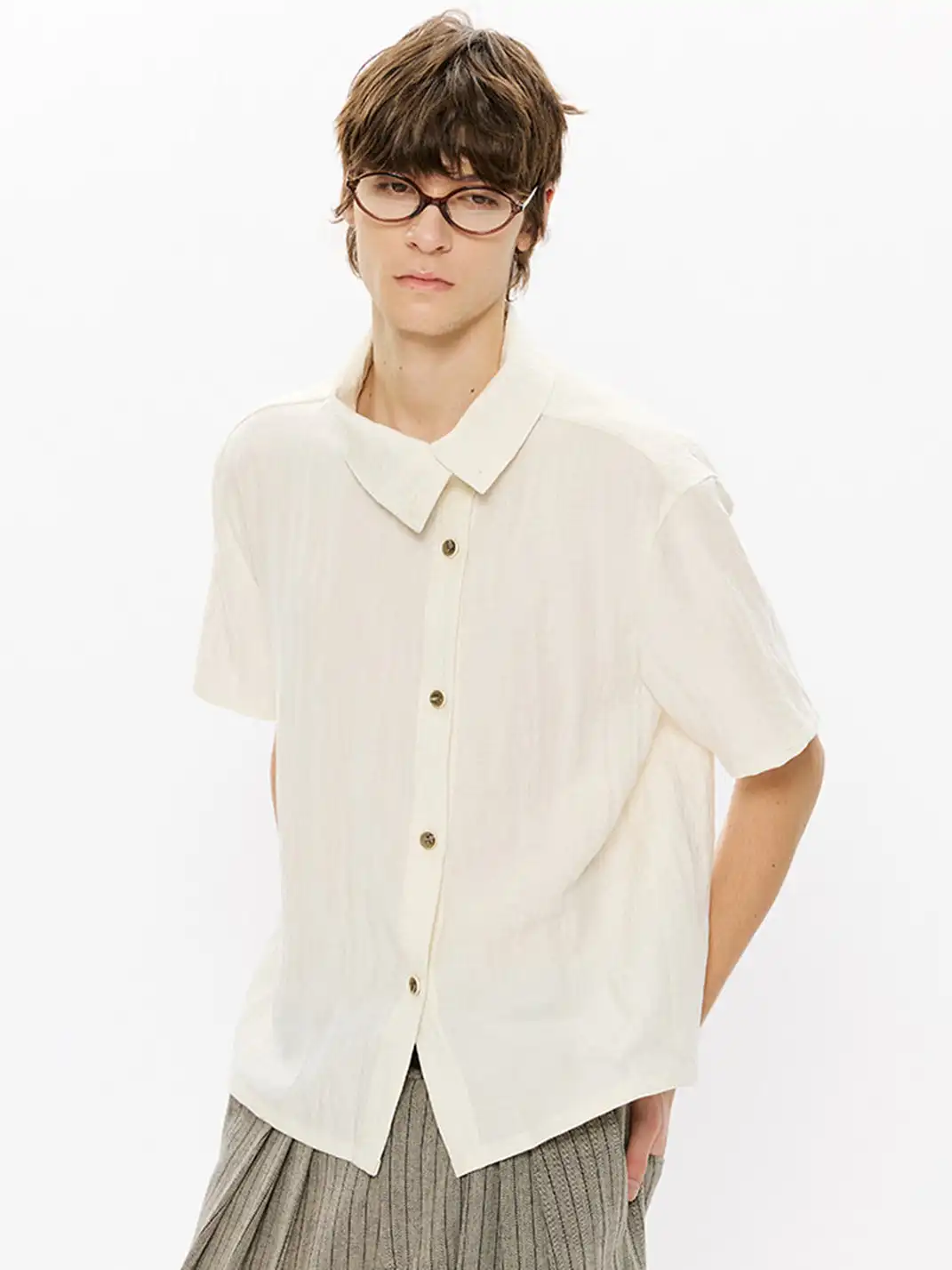 KREATE | Asymmetrical Placket Stand Collar Convertible Short Sleeve Shirt