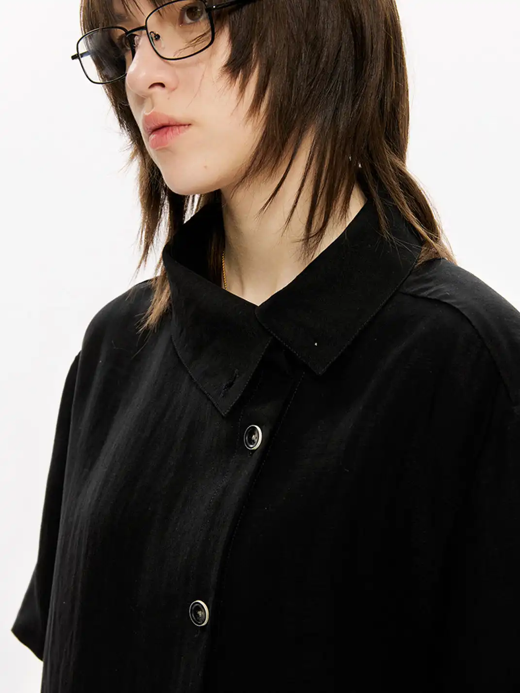 KREATE | Asymmetrical Placket Stand Collar Convertible Short Sleeve Shirt