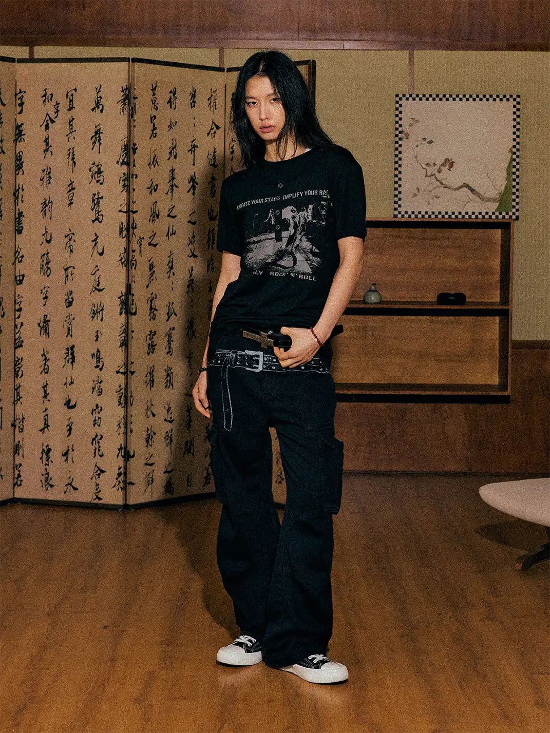 KREATE | Washed Screen Print Distressed Cargo Pants