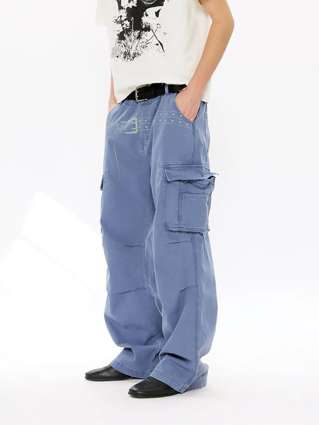 KREATE | Washed Screen Print Distressed Cargo Pants