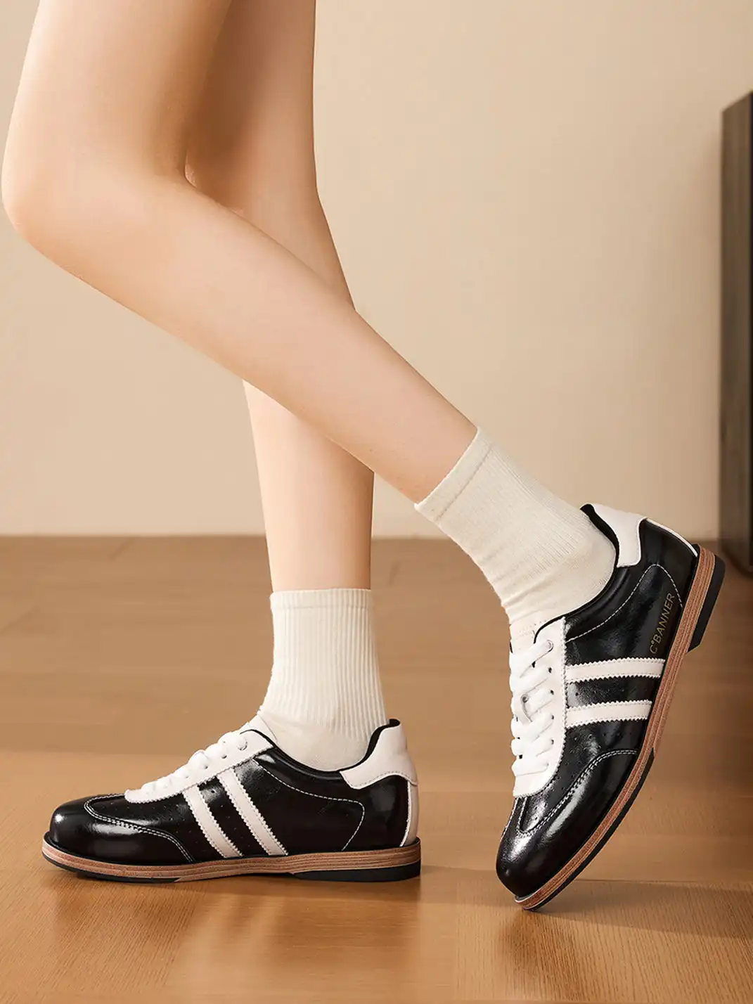 C.BANNER | Black Patent Leather Striped Retro Sneakers