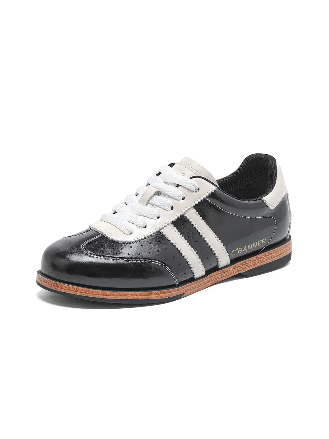 C.BANNER | Black Patent Leather Striped Retro Sneakers