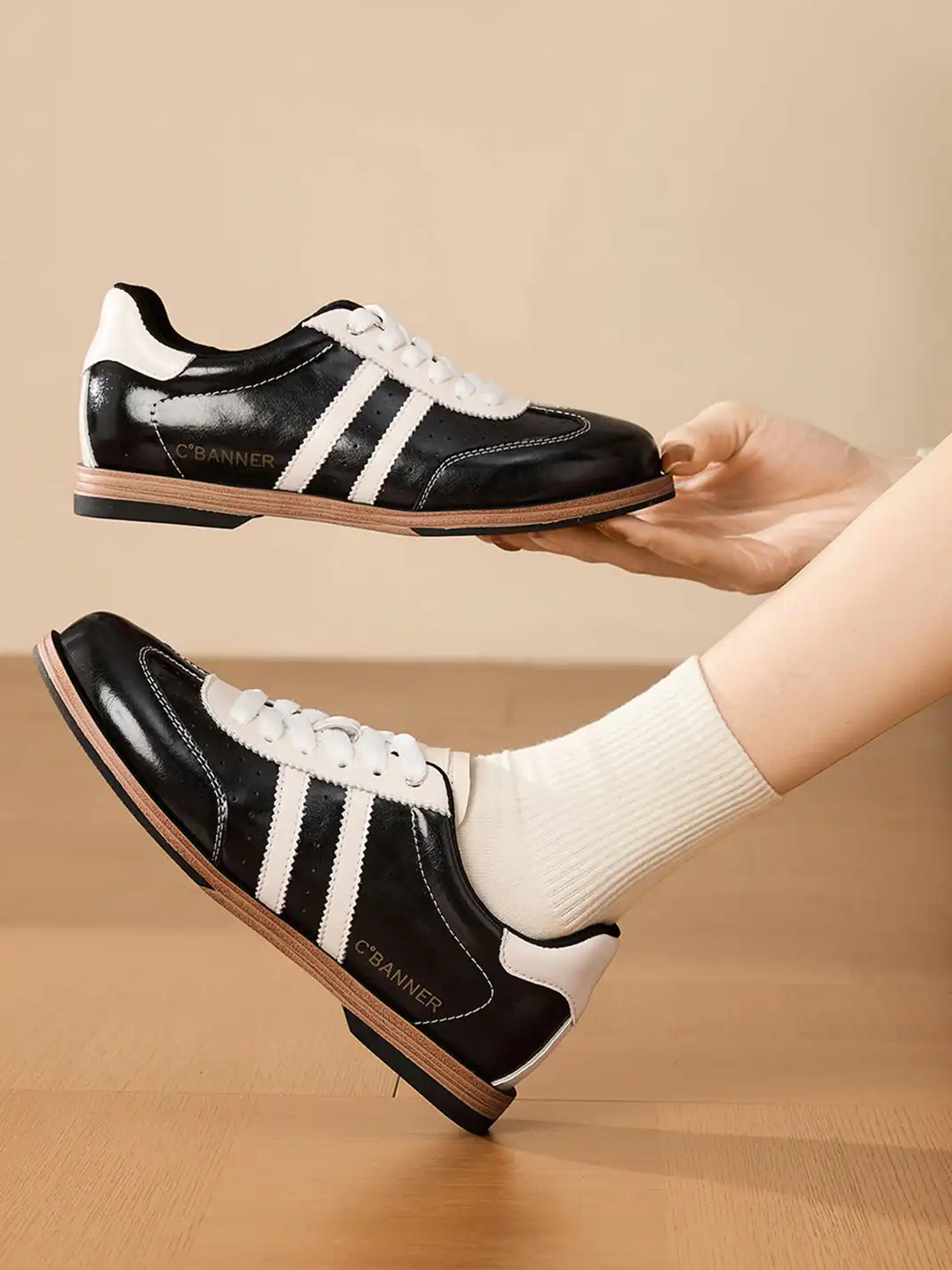 C.BANNER | Black Patent Leather Striped Retro Sneakers