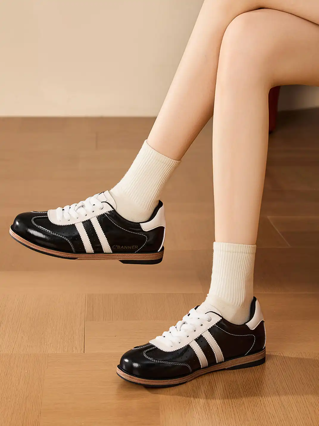 C.BANNER | Black Patent Leather Striped Retro Sneakers