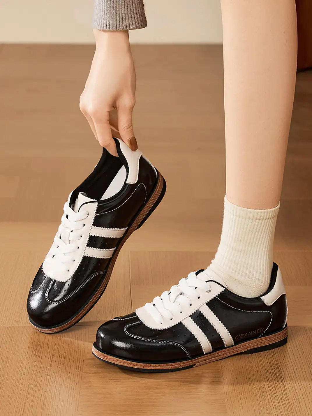 C.BANNER | Black Patent Leather Striped Retro Sneakers