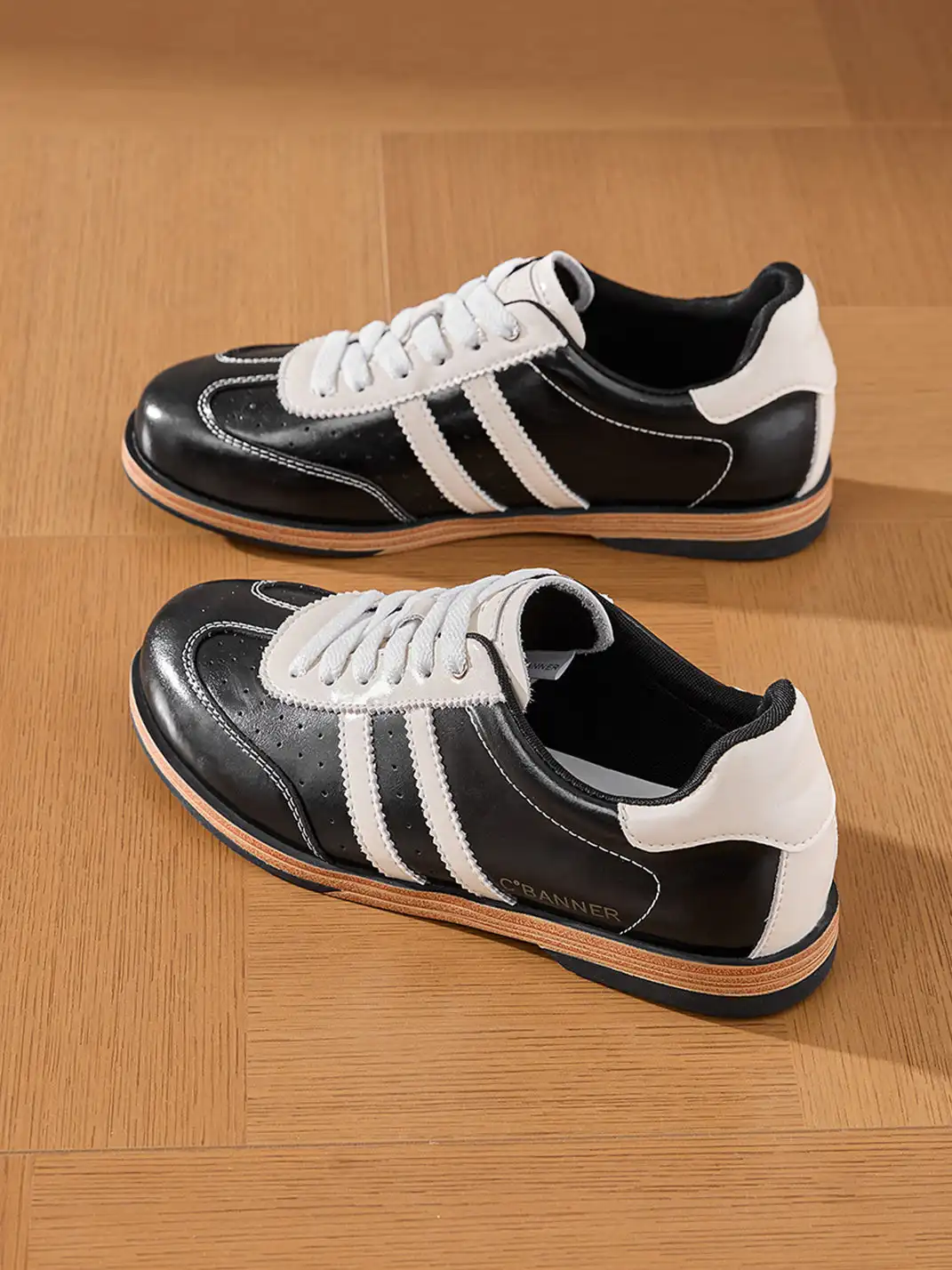 C.BANNER | Black Patent Leather Striped Retro Sneakers