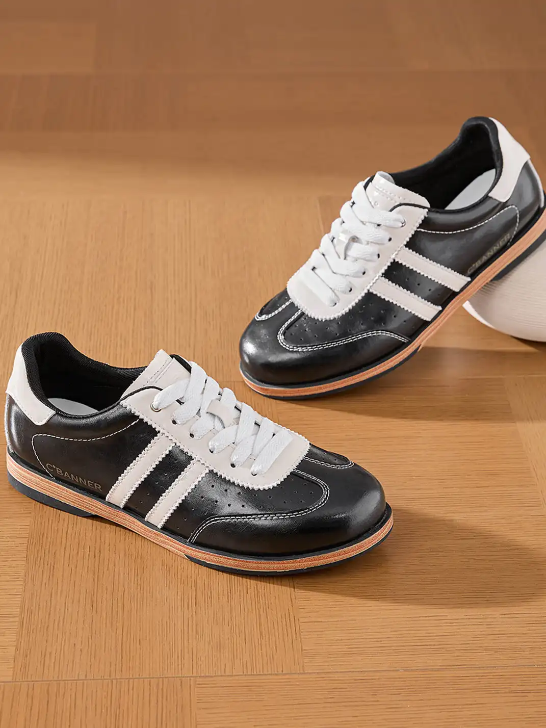 C.BANNER | Black Patent Leather Striped Retro Sneakers