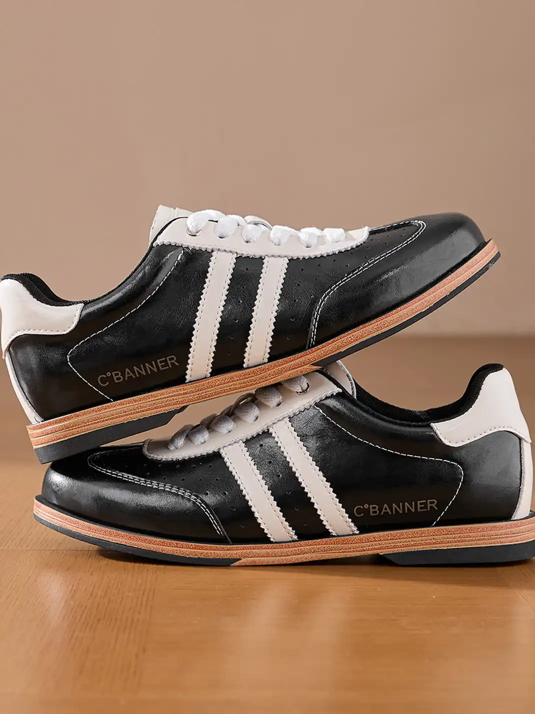 C.BANNER | Black Patent Leather Striped Retro Sneakers
