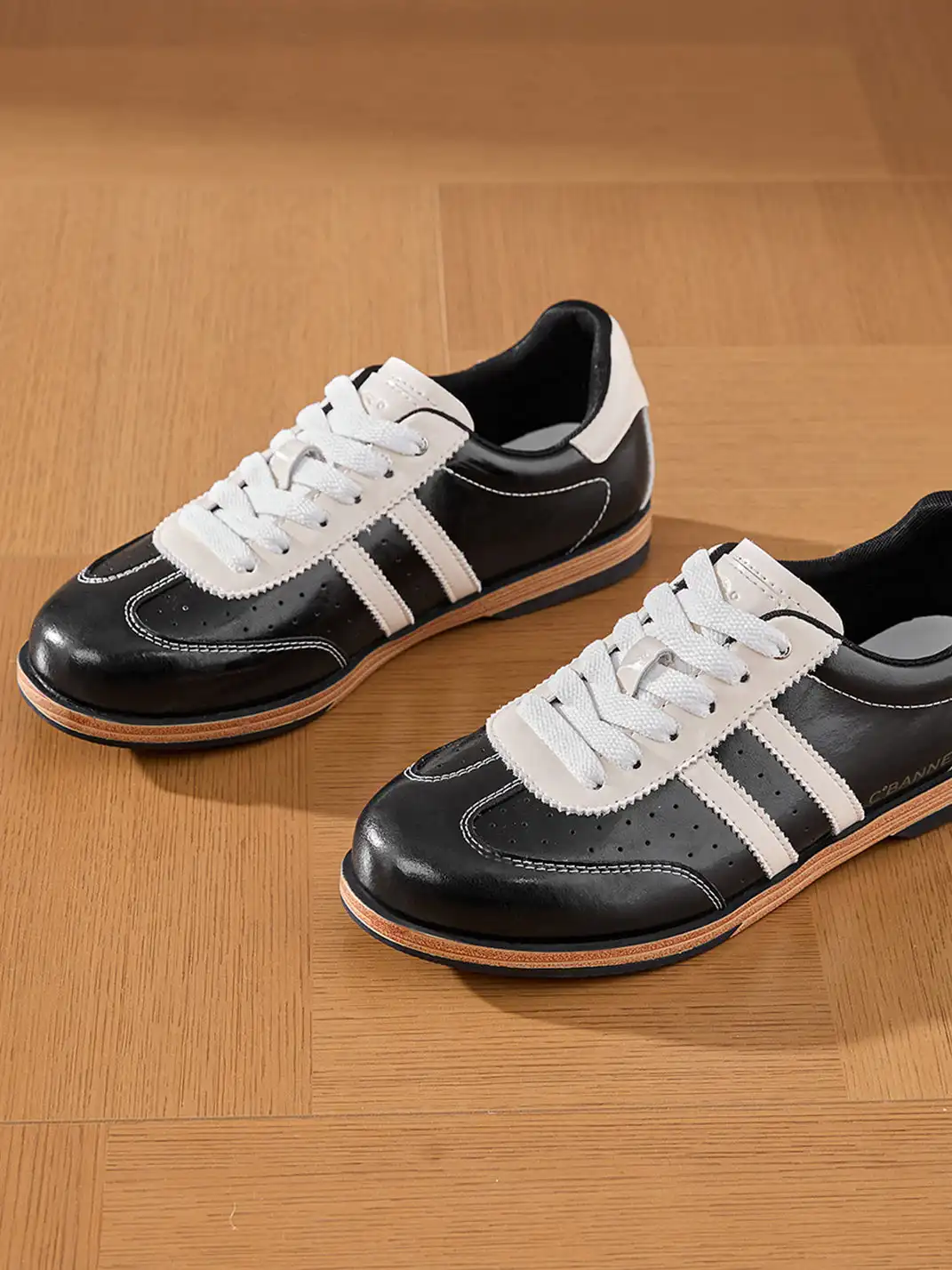 C.BANNER | Black Patent Leather Striped Retro Sneakers