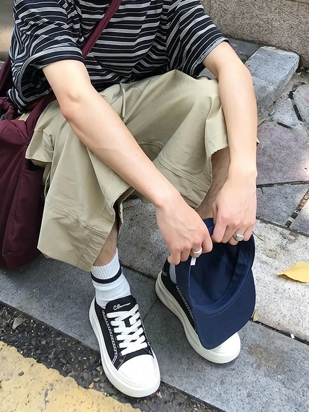 C.banner | Black Canvas Contrast Stitch Platform Sneakers