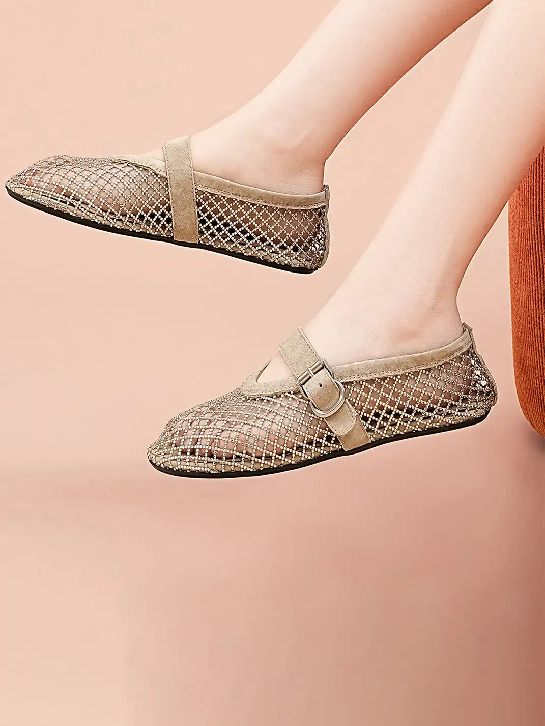 EBLAN | Woven Mesh Mary Jane Mules With Buckle Strap-Khaki