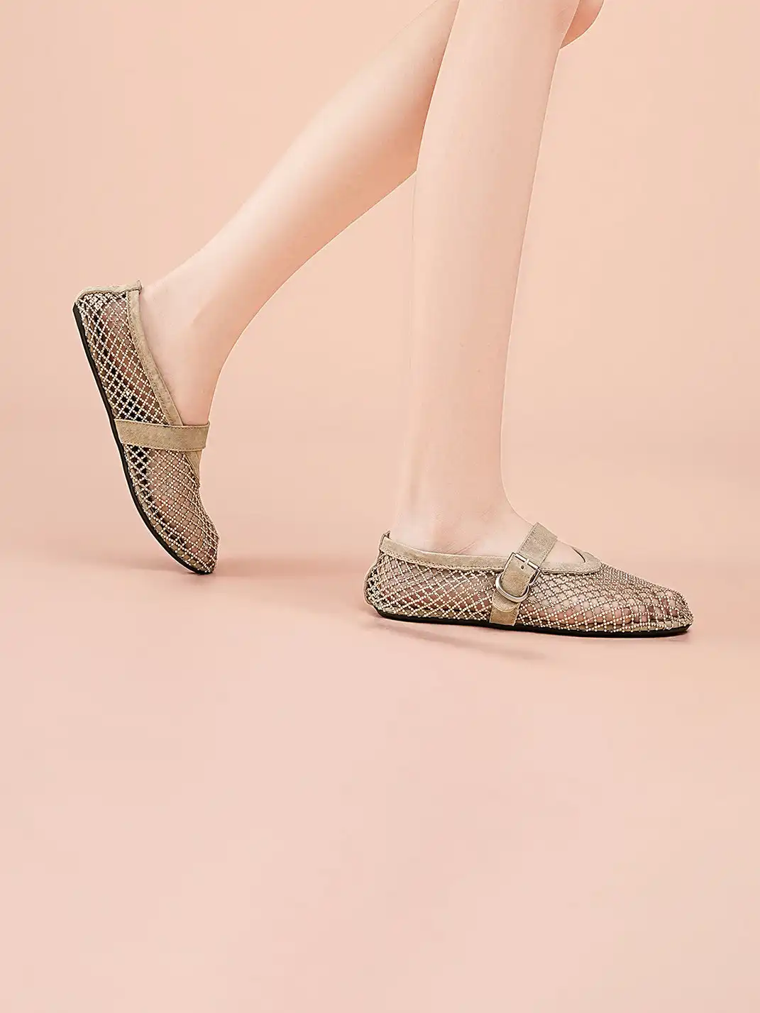 EBLAN | Woven Mesh Mary Jane Mules With Buckle Strap-Khaki