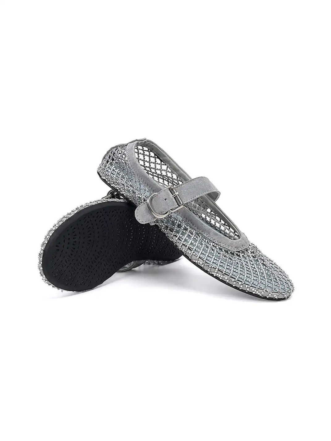 EBLAN | Woven Mesh Mary Jane Mules With Buckle Strap-Gray