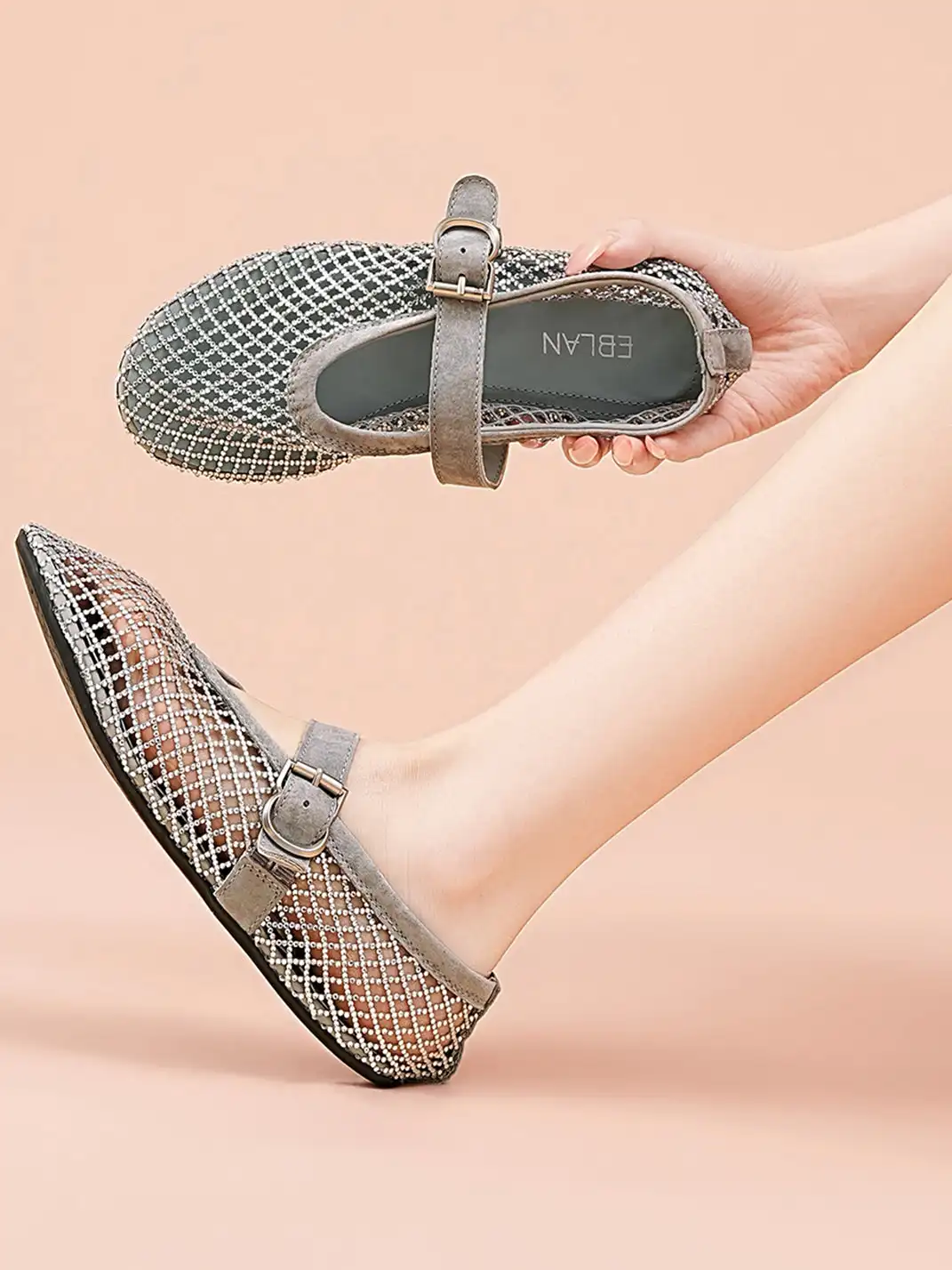 EBLAN | Woven Mesh Mary Jane Mules With Buckle Strap-Gray