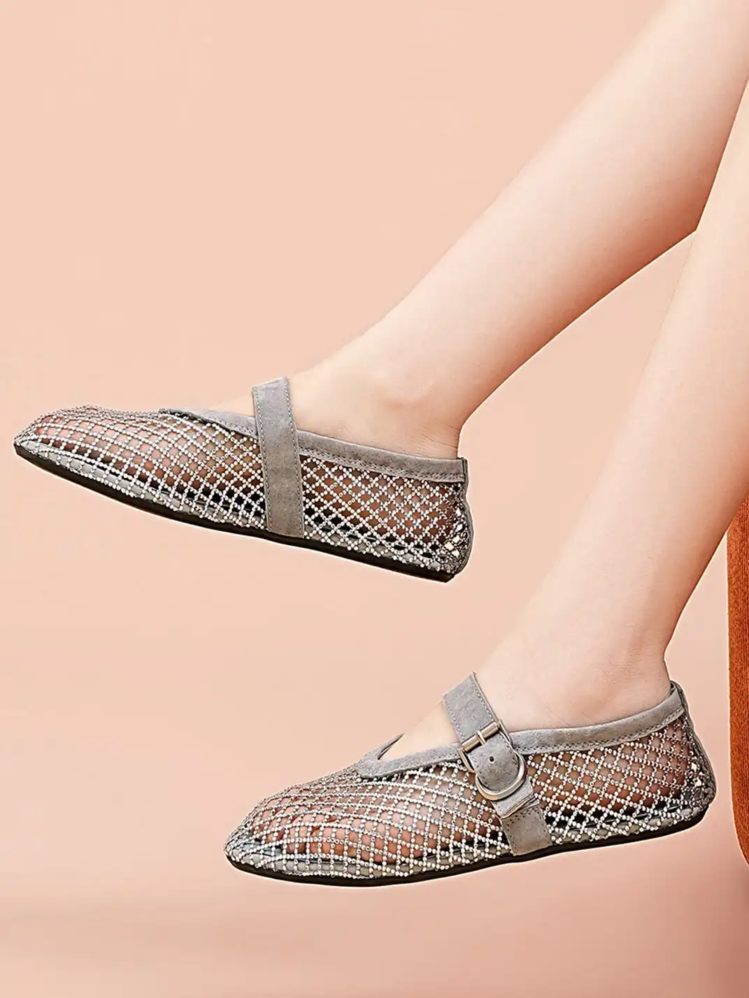 EBLAN | Woven Mesh Mary Jane Mules With Buckle Strap-Gray