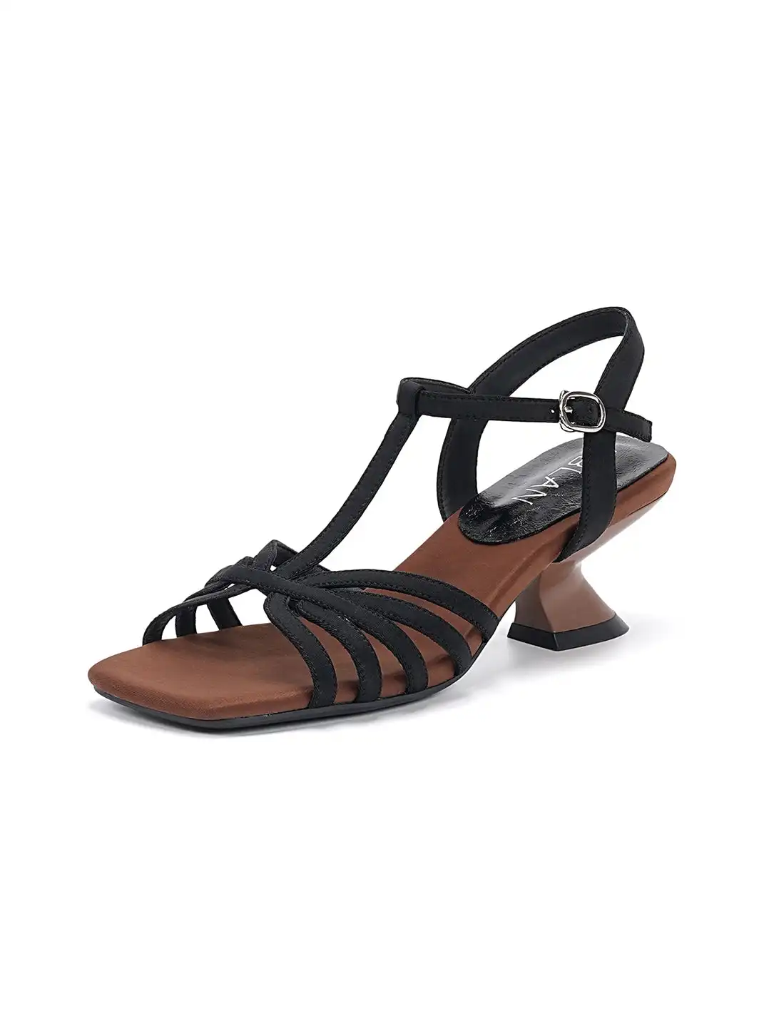 EBLAN | Strappy T-Strap Sandals With Sculptural Cone Heel