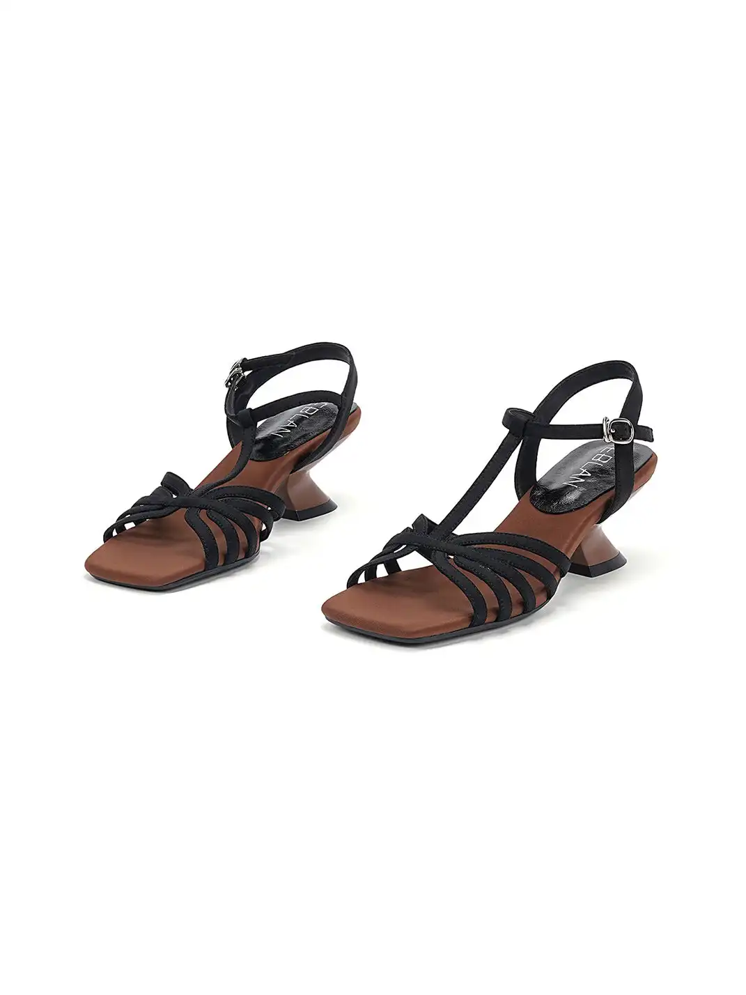 EBLAN | Strappy T-Strap Sandals With Sculptural Cone Heel