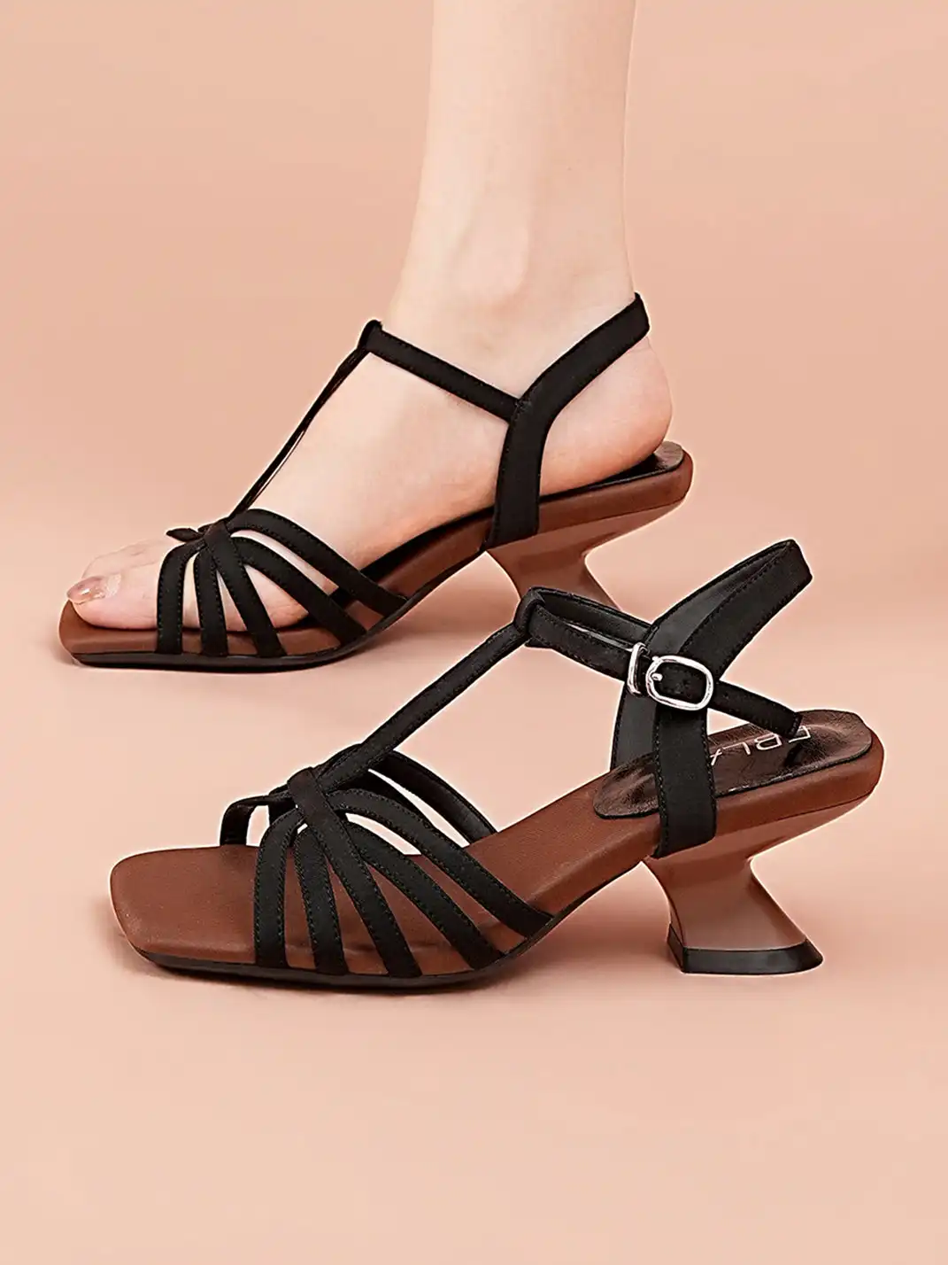 EBLAN | Strappy T-Strap Sandals With Sculptural Cone Heel