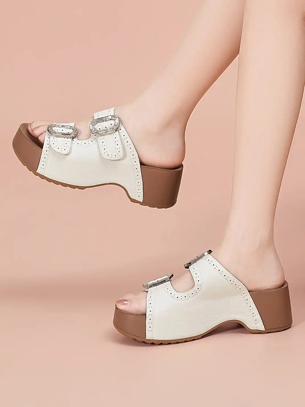 EBLAN | Double Buckle Platform Slide Sandals With Wooden Heel