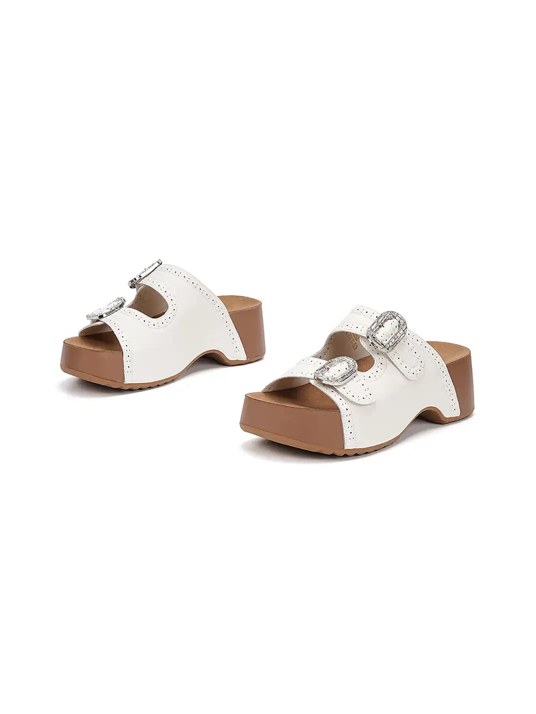 EBLAN | Double Buckle Platform Slide Sandals With Wooden Heel