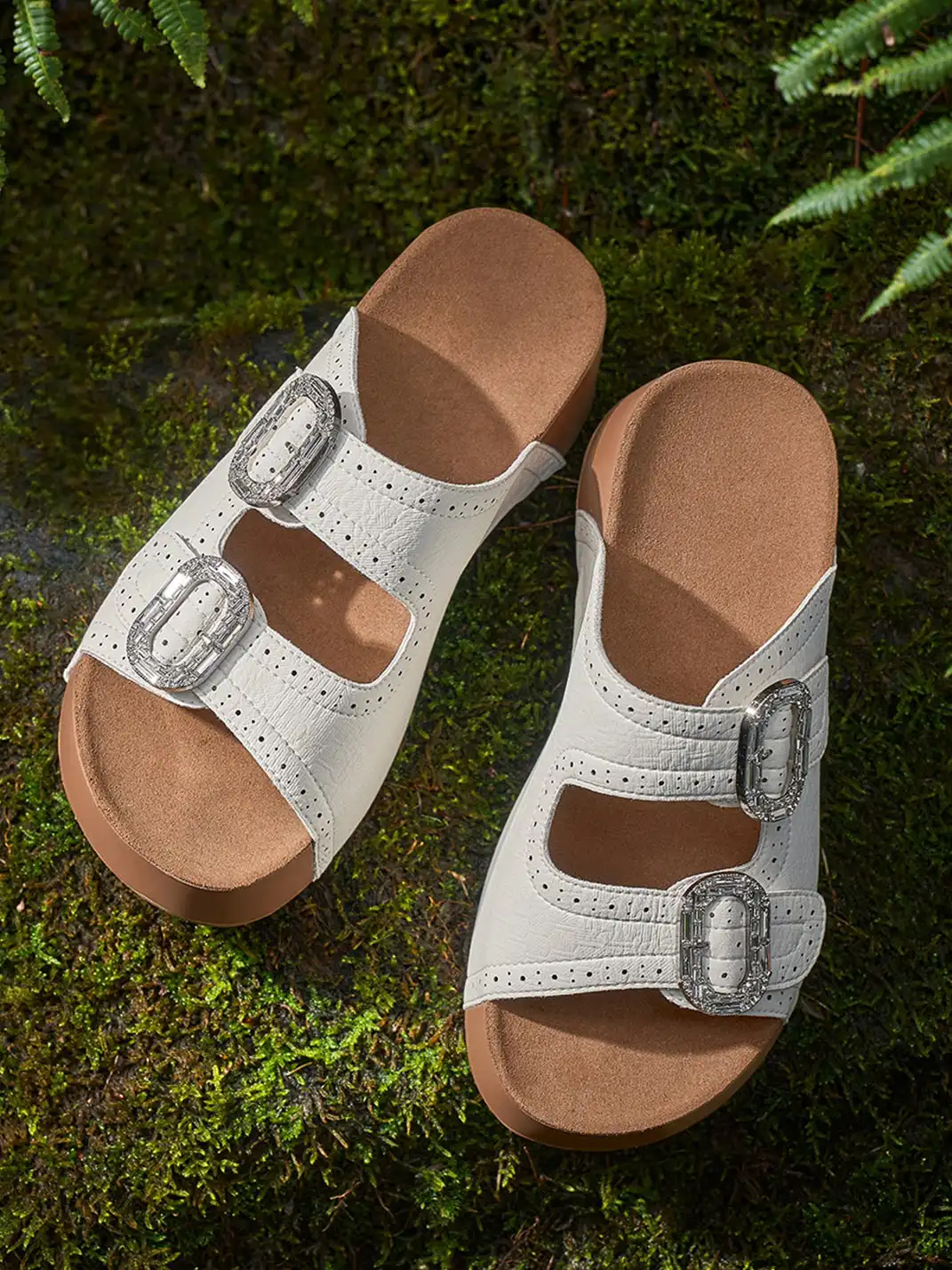 EBLAN | Double Buckle Platform Slide Sandals With Wooden Heel