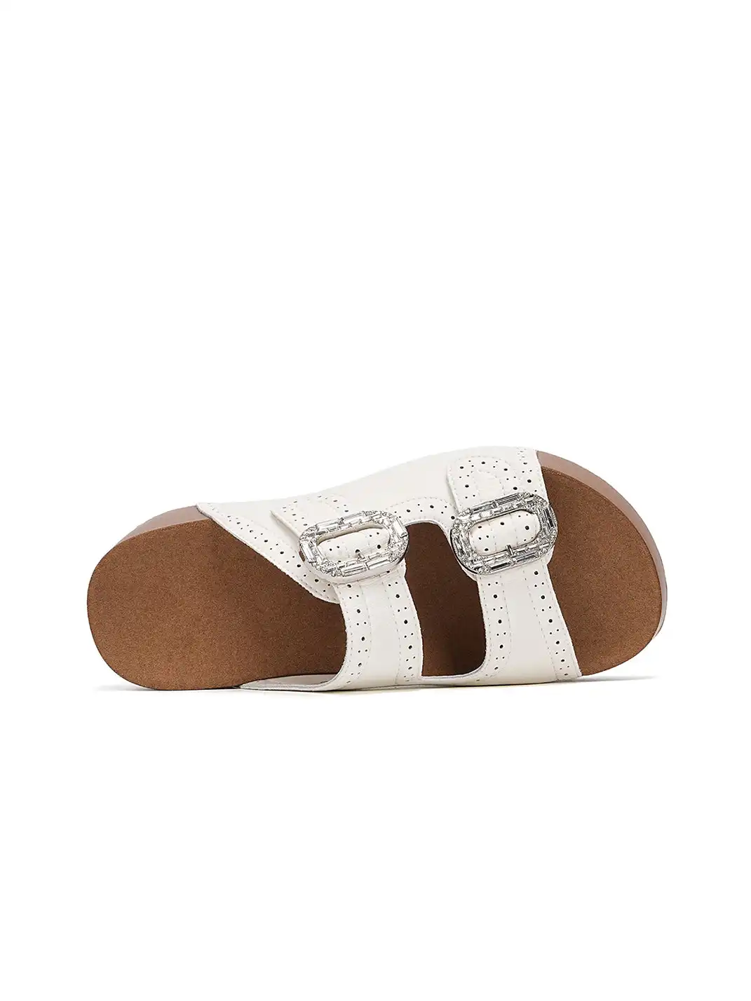 EBLAN | Double Buckle Platform Slide Sandals With Wooden Heel