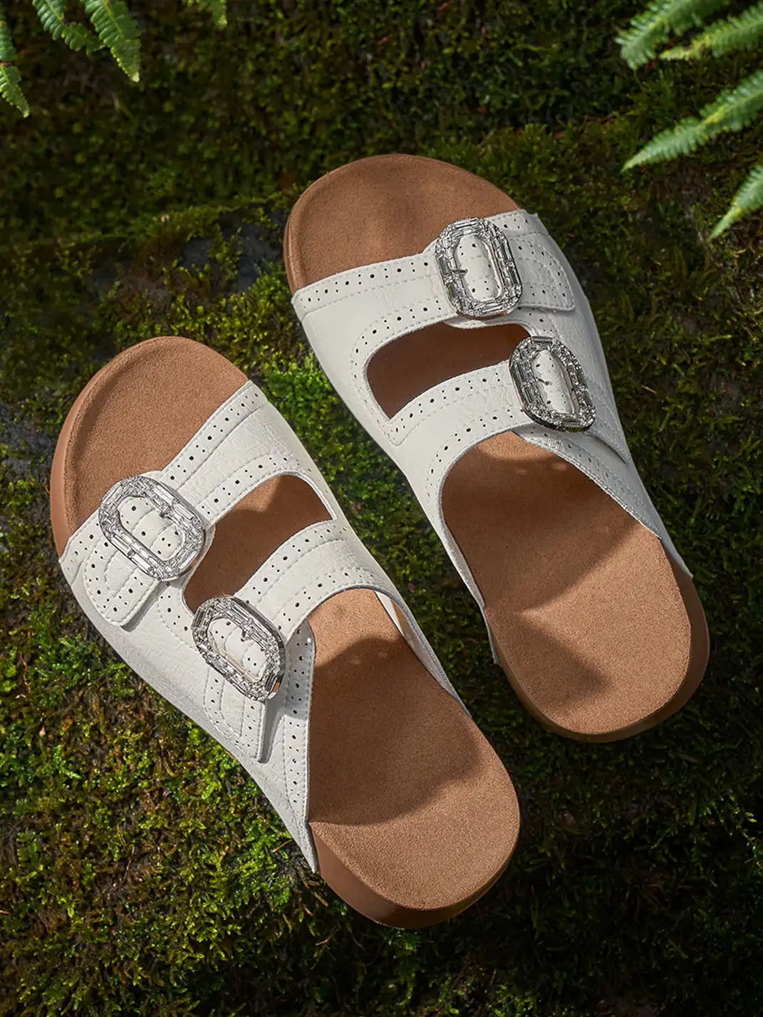EBLAN | Double Buckle Platform Slide Sandals With Wooden Heel