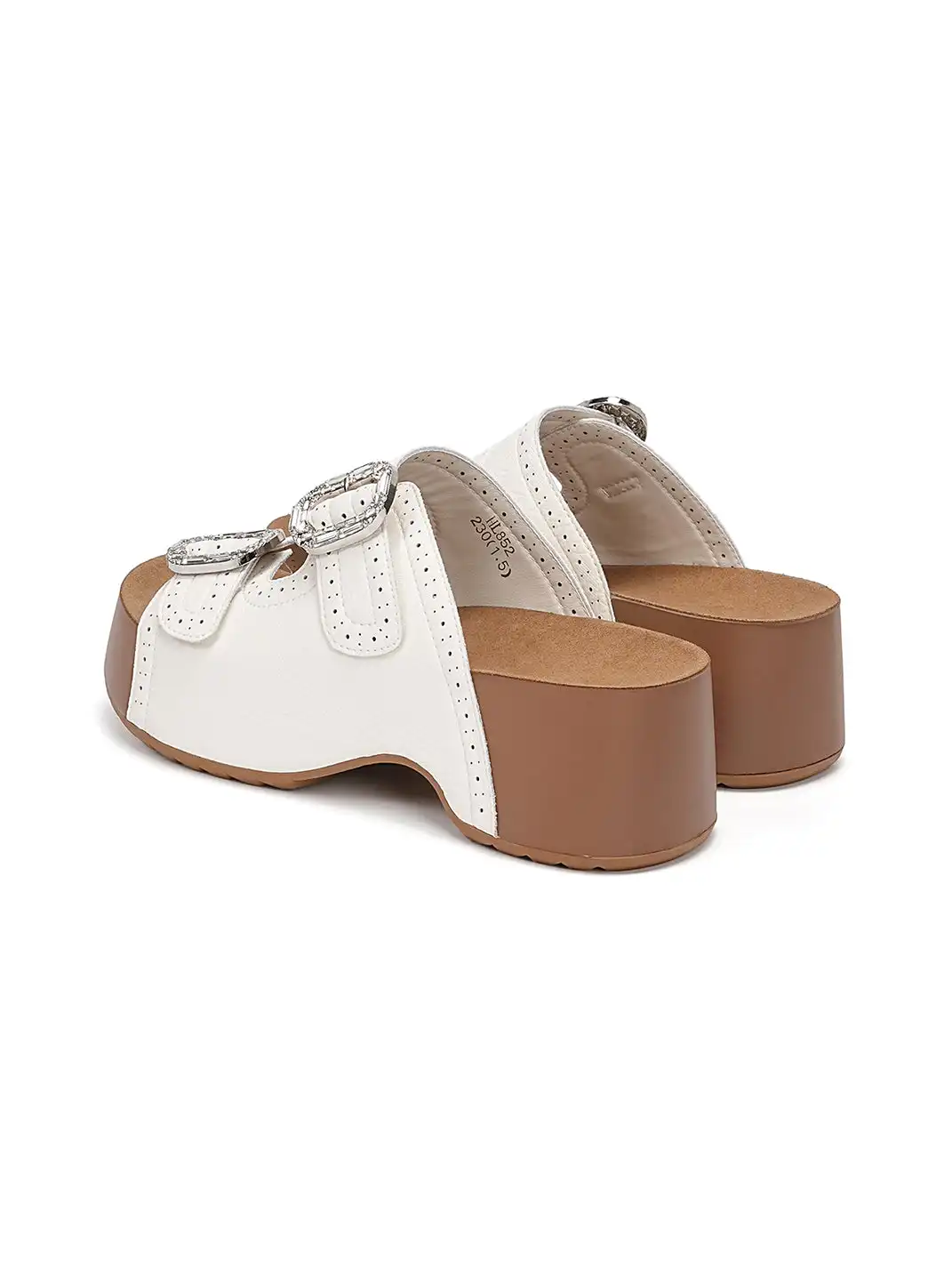 EBLAN | Double Buckle Platform Slide Sandals With Wooden Heel
