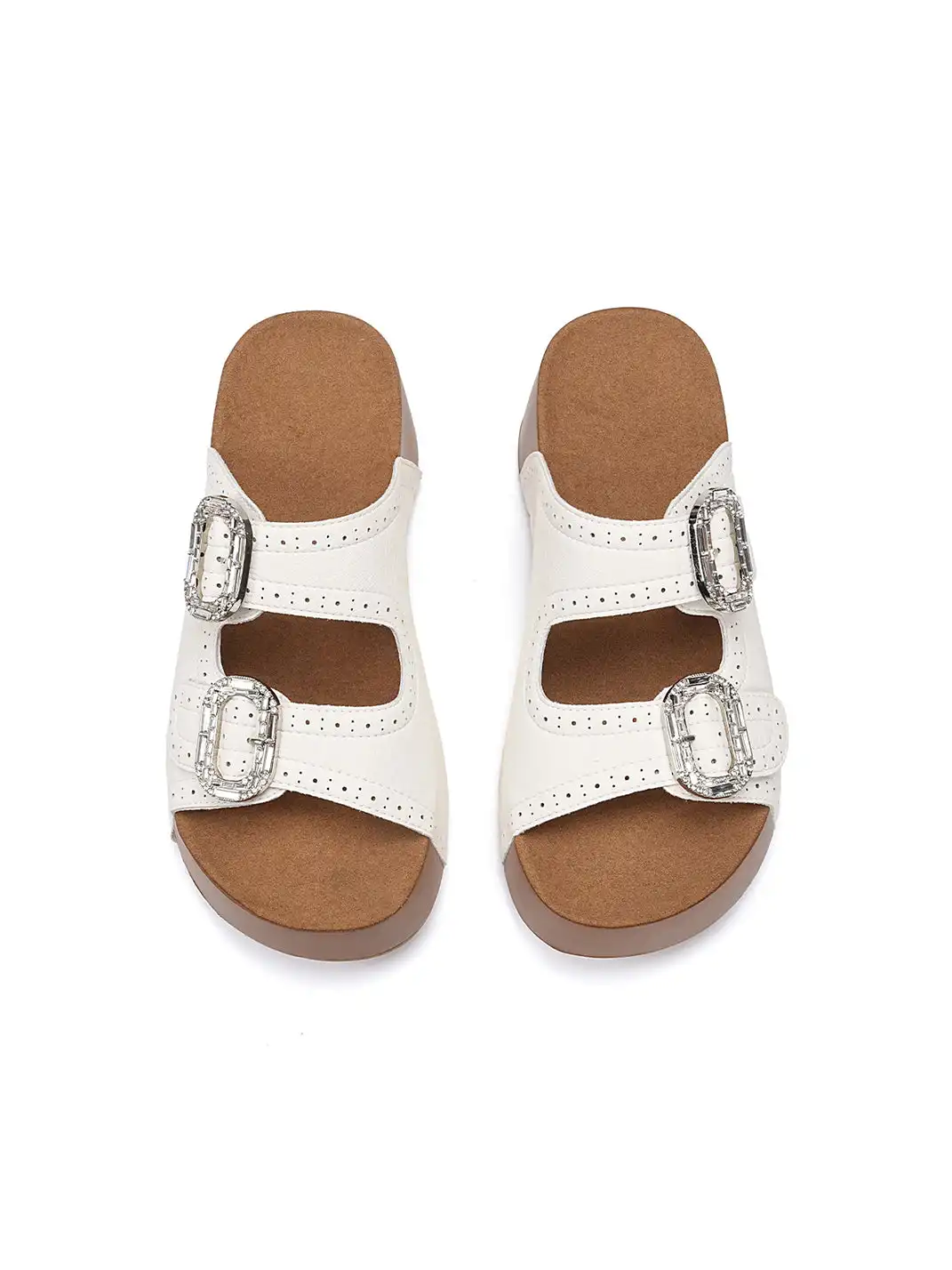 EBLAN | Double Buckle Platform Slide Sandals With Wooden Heel