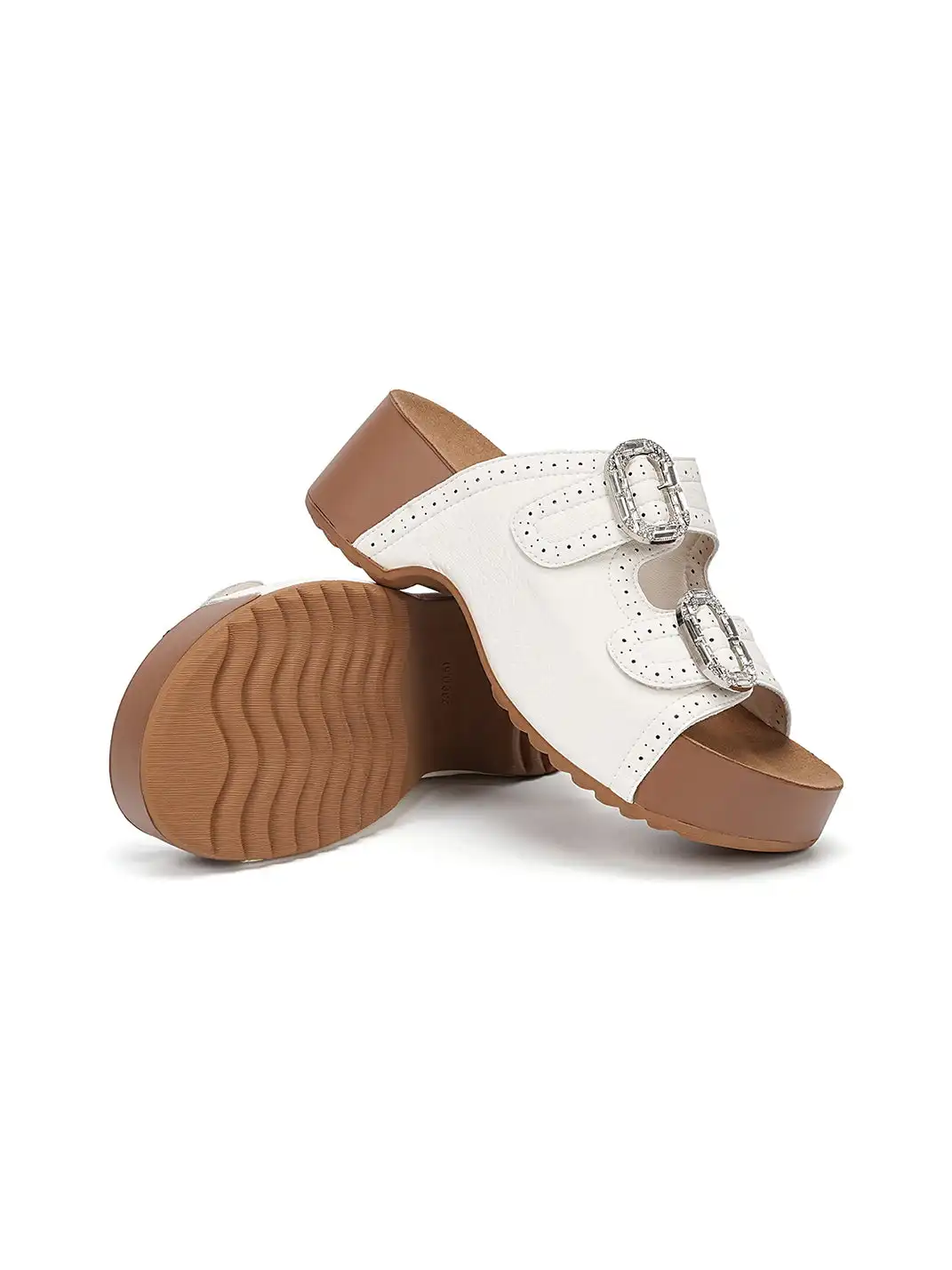 EBLAN | Double Buckle Platform Slide Sandals With Wooden Heel
